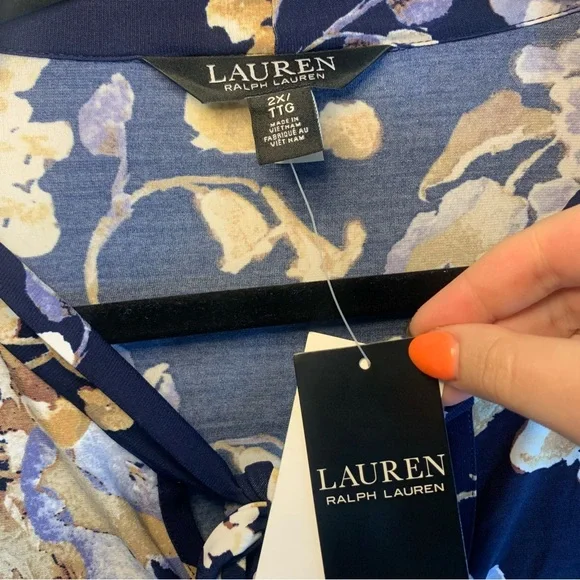 NWT Lauren Ralph Lauren Floral Tie-Neck Stretch Jersey Long Sleeve Plus, Size 2X - Picture 4 of 12